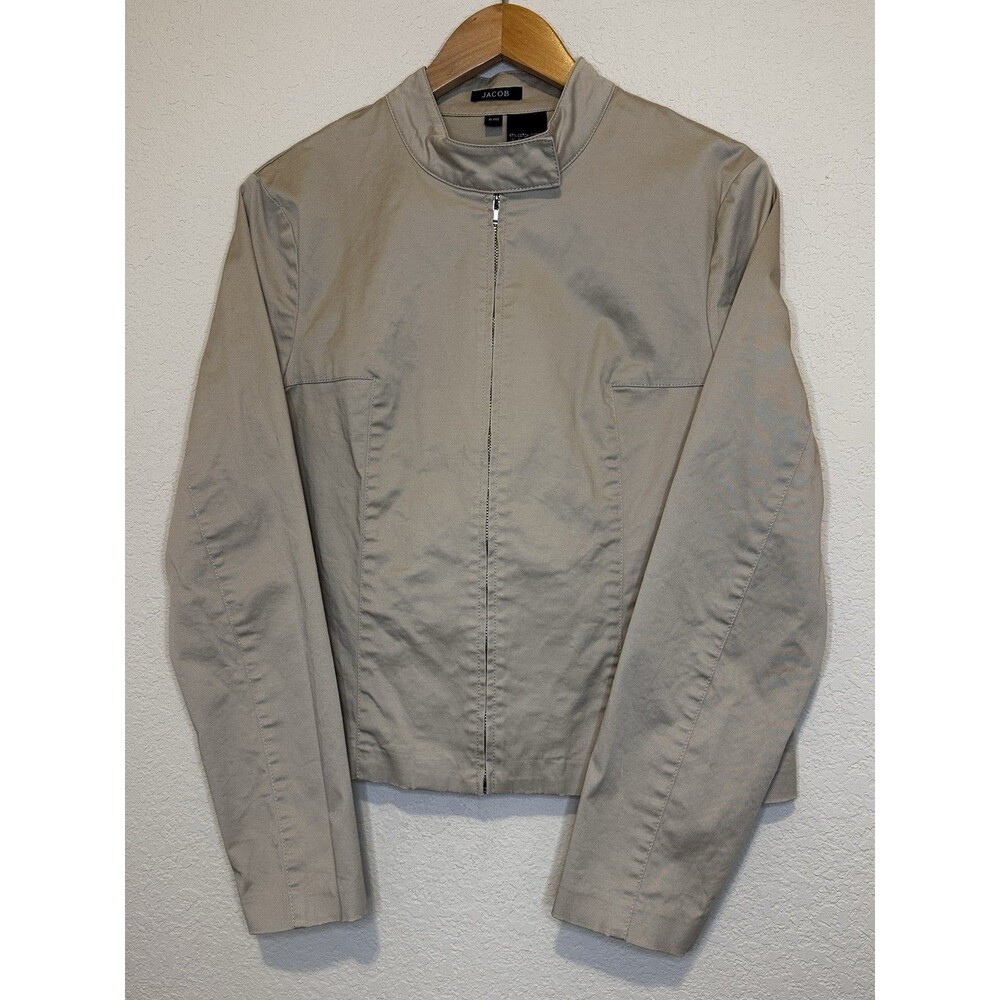 JACOB Women’s Tan Beige Cotton Full Zip Moto Jacket Stand Collar Size XL